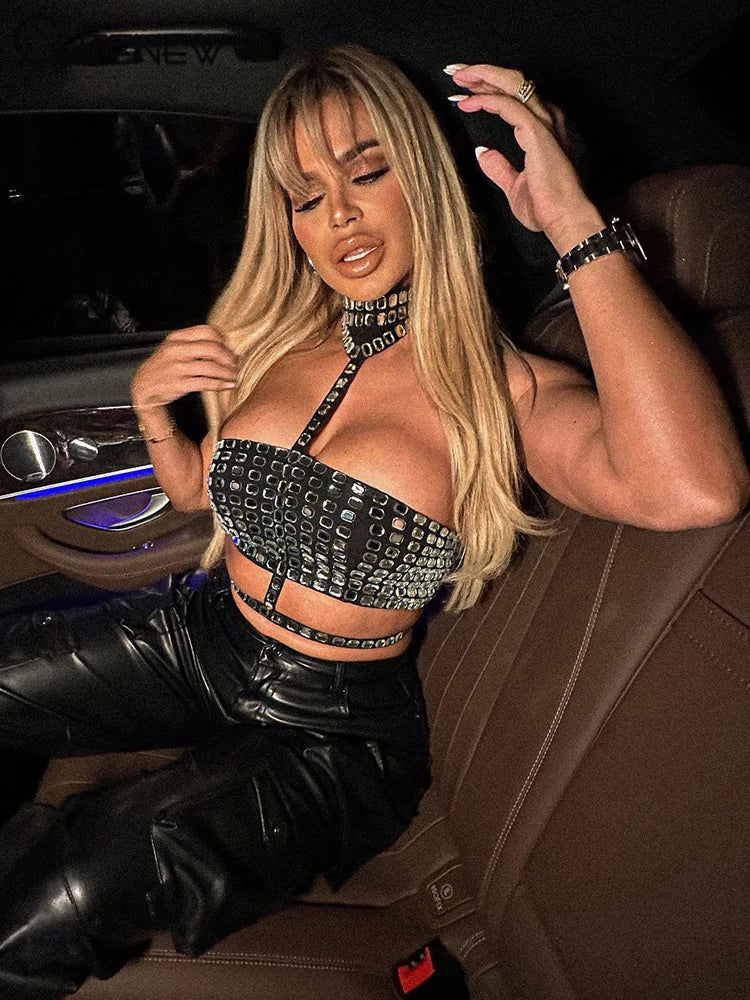 Gloversville Off-Shoulder Shiny Crop Casual Strapless Halter Streetwear Top