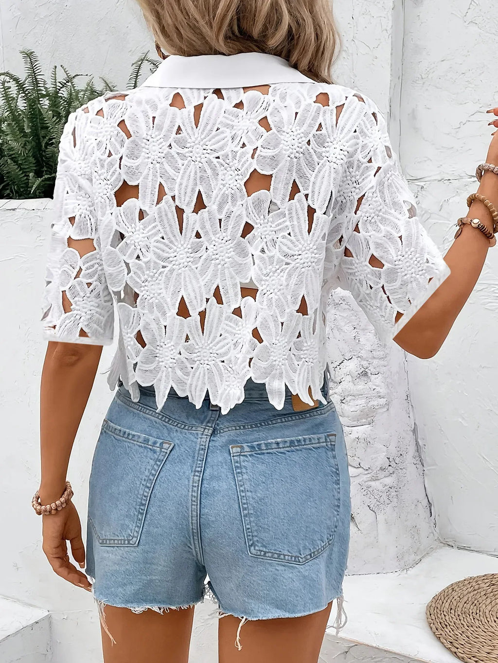 Seven Mile Lace Stylish Elegant Casual Holiday Party Hollow Shirts