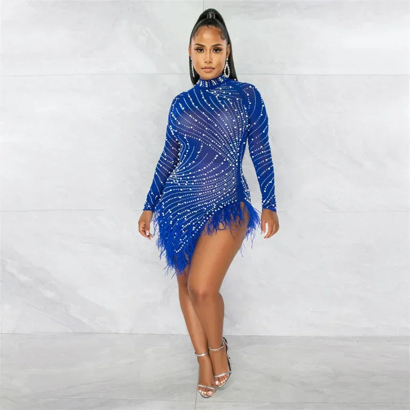 Whippany Pearls Rhinestone Party Elegance Nightclub Feather Mini Dress