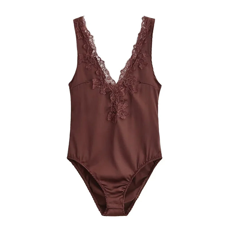 Women's Jumpsuit  New Lace Satin Texture with Embroidered Flowers  Slim-Fit Top Summer Sexy Beach Party
