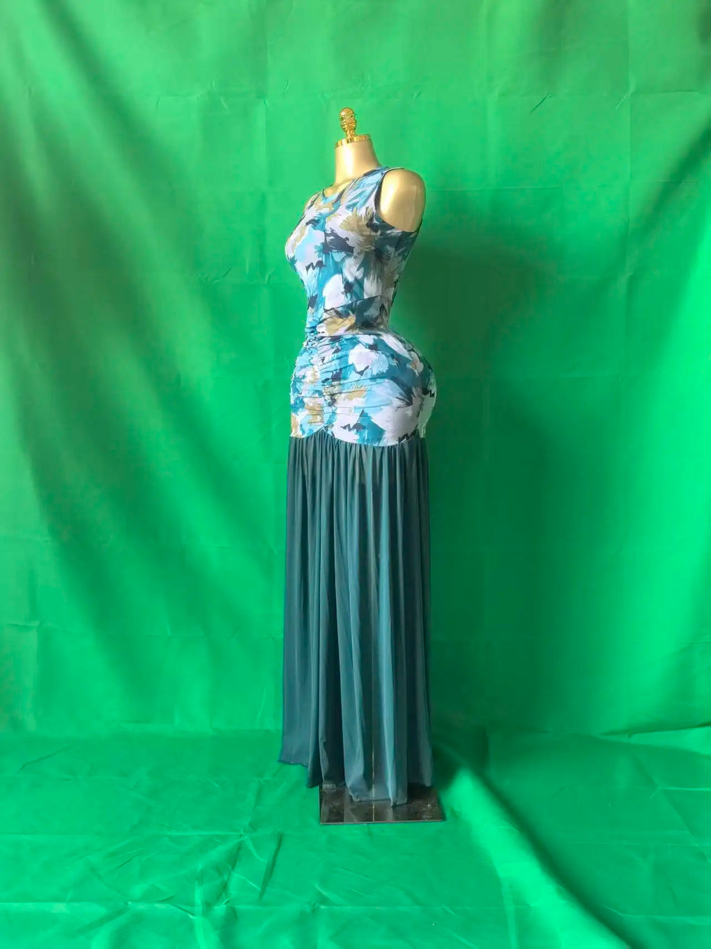 Printed Ruched Stacked Sleeveless Long Maxi Dress