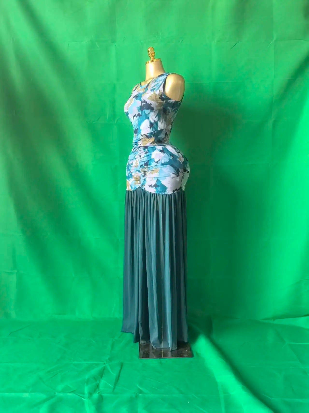 Printed Ruched Stacked Sleeveless Long Maxi Dress