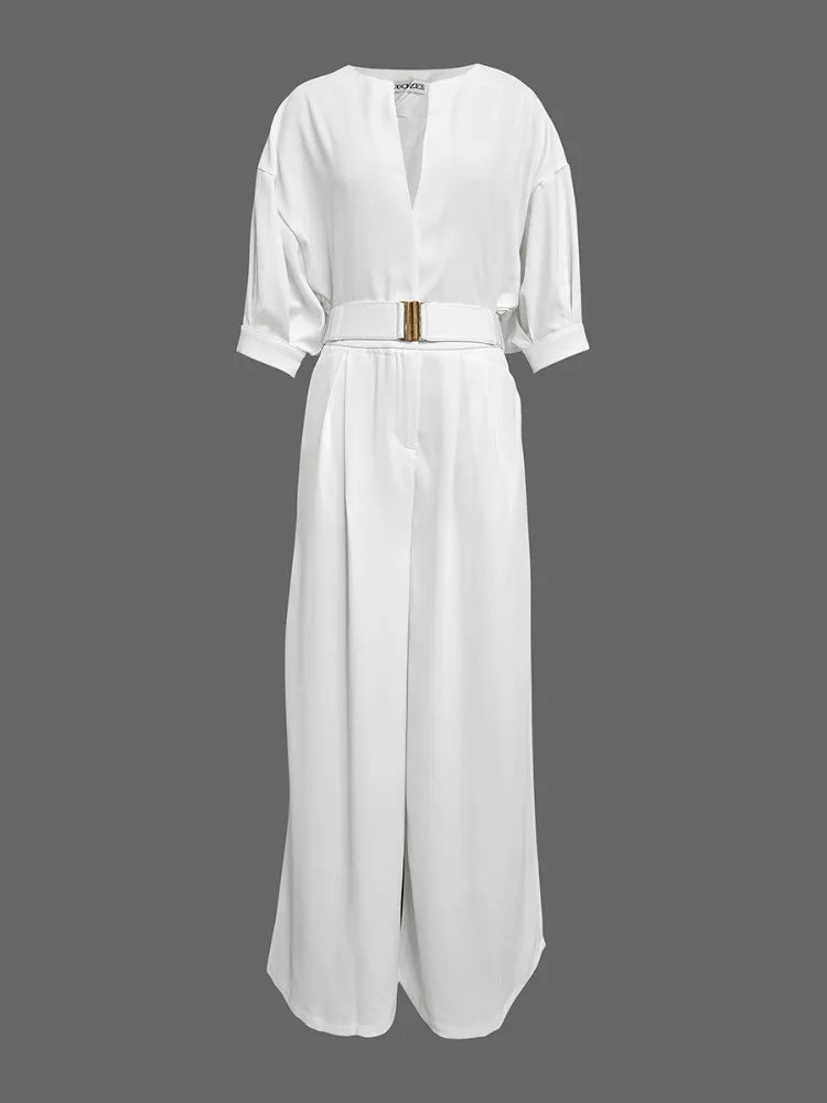 2026 Women Luxury Minimalist Jumpsuit Women's Jumpsuits And Rompers Jumpsuits V Neck Puff Sleeve High Waist Wide Leg Outfits
