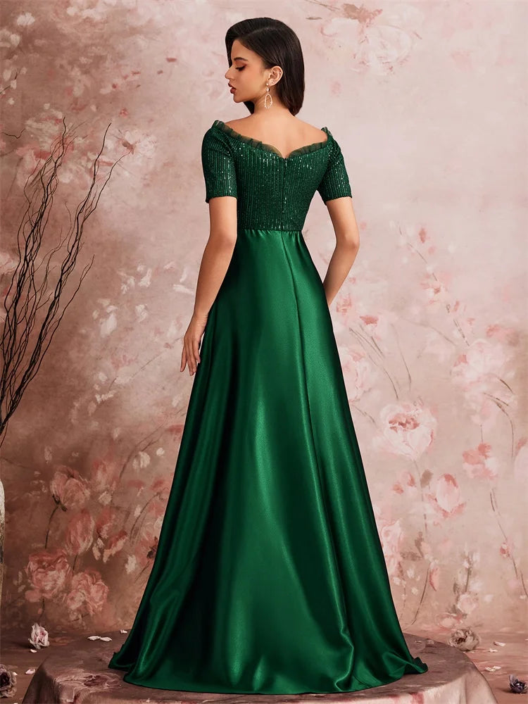 Memphis Luxury Green Satin V-Neck Party Floor Lenght Cocktail Dress
