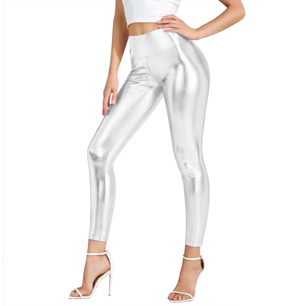 Santori Shiny Faux Pu Leather Leggings Metallic High Waist Stretchy Pencil Pants