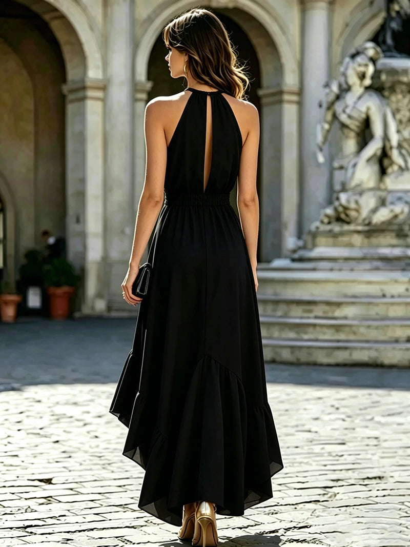 Long Sleeveless with Ruffle Neckline And Side Slit Polyester Material Midi Length Dress
