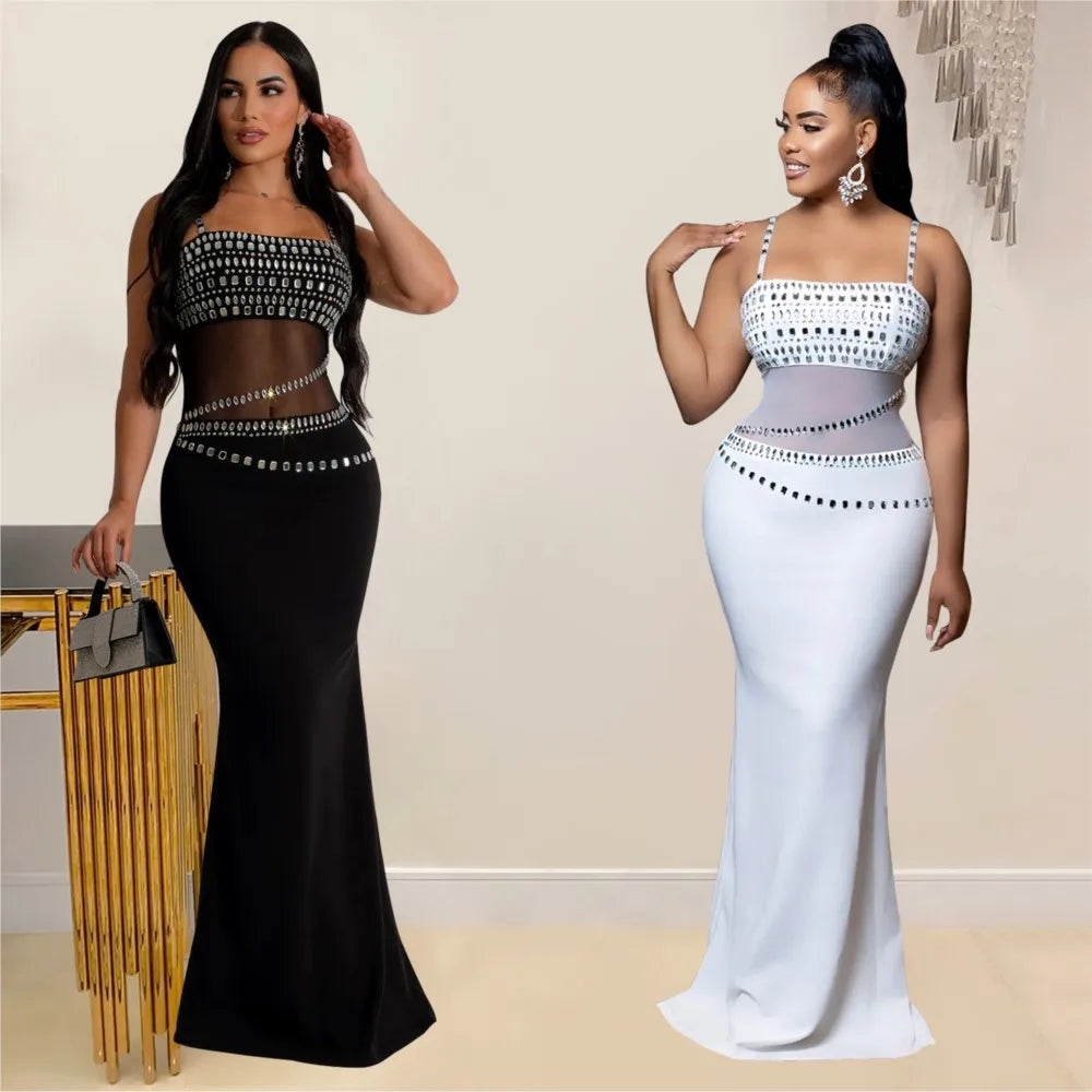 Stamford Diamond Mesh Sexy Transparent Lace Party Elegant Maxi Dress