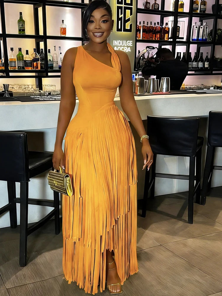 Sexy One Shoulder Red Tassel Dress Luxury Sleeveless Fringe Maxi Dress
