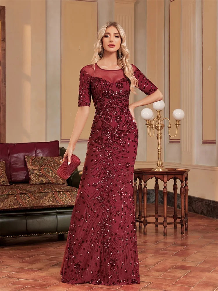 Alpha Luxury O Neck Tulle Formal Evening Shortsleeve Sequin Maxi Cocktail Dress