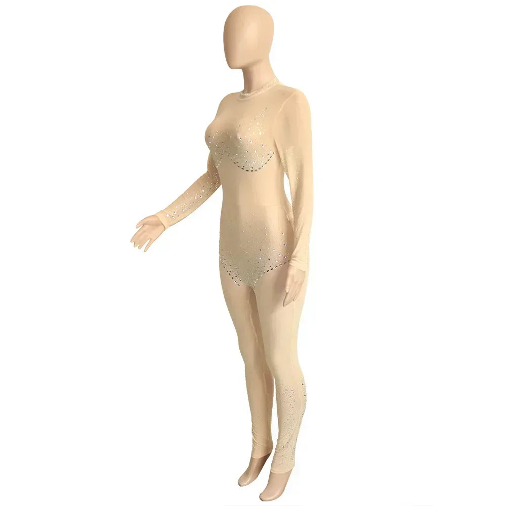Union Square Fashion Sexy Mesh Perspective Hot Drill Long Sleeve Jumpsuit
