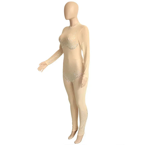 Union Square Fashion Sexy Mesh Perspective Hot Drill Long Sleeve Jumpsuit