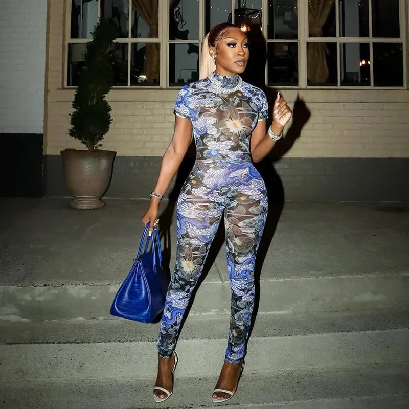 Auburn Hollow Out Playsuits Female Nightout Fashion Mesh Thin Sheer Jumpsuits