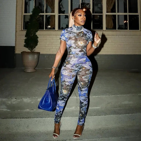 Auburn Hollow Out Playsuits Female Nightout Fashion Mesh Thin Sheer Jumpsuits