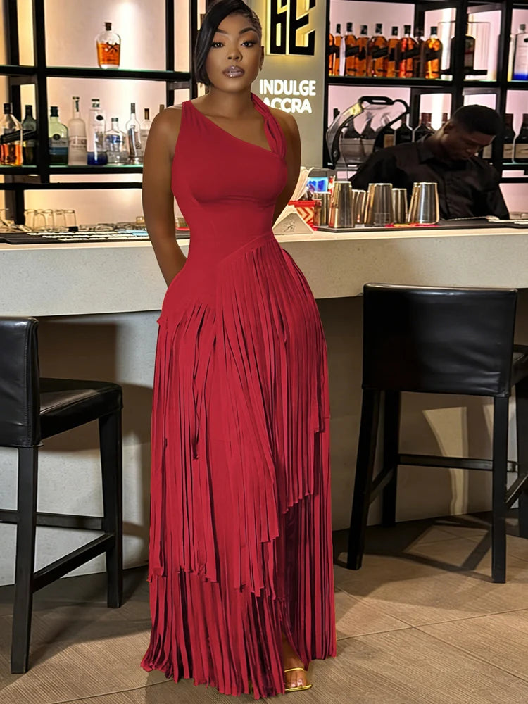 Sexy One Shoulder Red Tassel Dress Luxury Sleeveless Fringe Maxi Dress