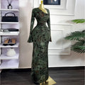 Vermella Printed Skew Neck Flare Long Sleeve Ruched Long Dress
