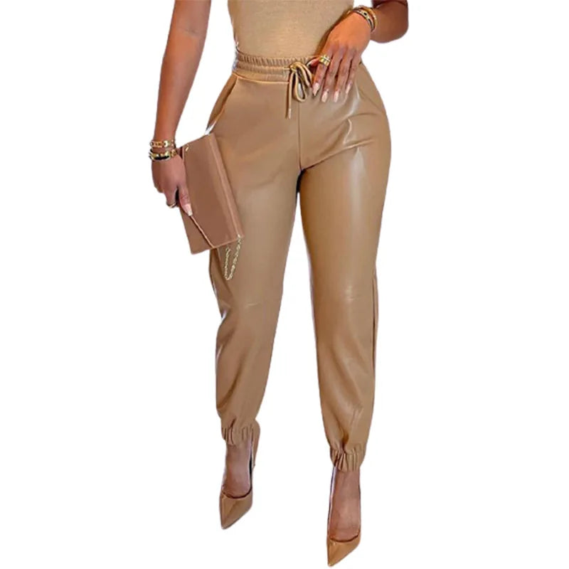 San Antonio PU Leather Fashion Elastic Waist Long Vintage Elegant Casual Loose Pants