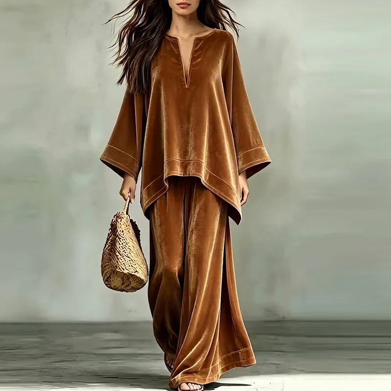 Flor Velvet V-neck Long Sleeved Two Piece Sets