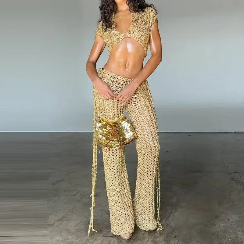 Ozone Park Sequined Casual Short Sleeve Tassel Elegant V-neck Matching Set