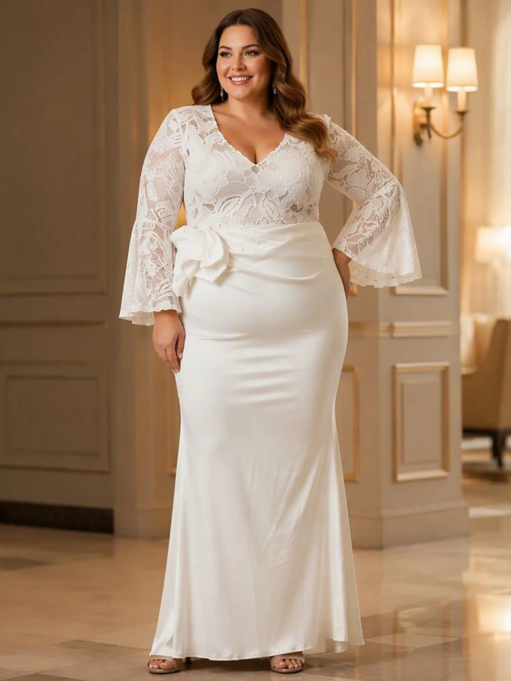 Plus Size Mermaid Sexy Mesh Sheer Embroidery V‑Neck Long Sleeve Slim Fit Maxi Dress