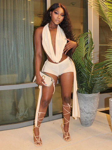 Beattystown Puss Elegant Halter Swing Collar Backless Sexy Tank Side Tassel Matching Set