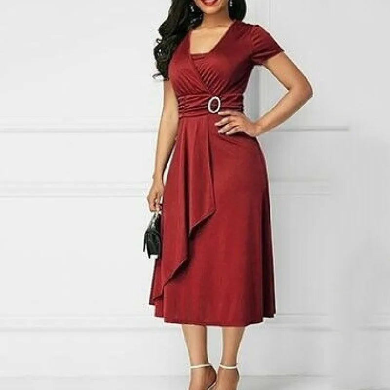 Seattle Solid Color Short Sleeve V Neck Asymmetric Hem Waist Midi Party Dress