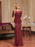 Alpha Luxury O Neck Tulle Formal Evening Shortsleeve Sequin Maxi Cocktail Dress