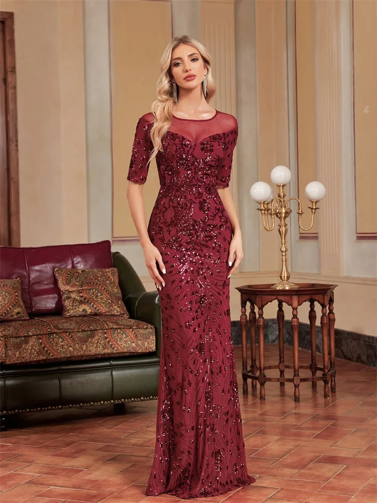 Alpha Luxury O Neck Tulle Formal Evening Shortsleeve Sequin Maxi Cocktail Dress