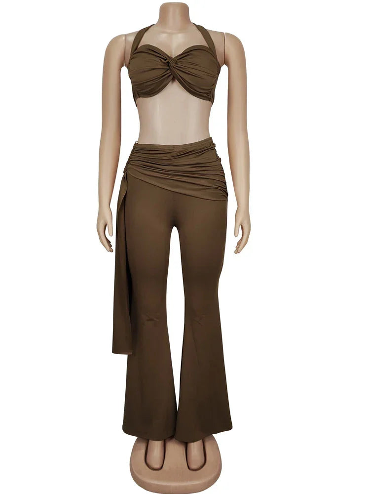 Oneonta Long Straps Wide Legs Ruched Metal Tracksuits Two Piece Set