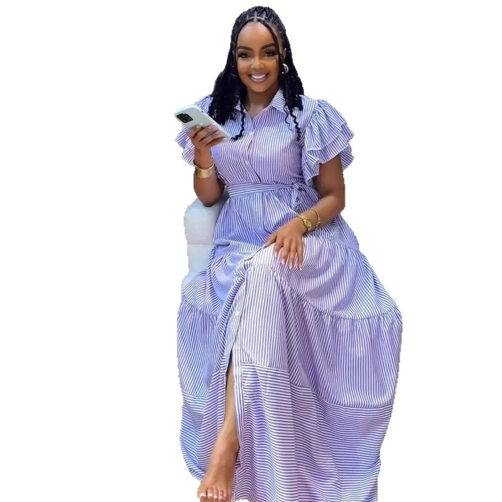 Rutherford Striped Butterfly Sleeve Loose High Waist Single Breasted Casual Long Dress