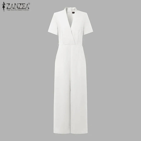 Weirton High Waist Jumpsuits Workwear Belt Rompers Solid Deep V Neck Elegant Overalls