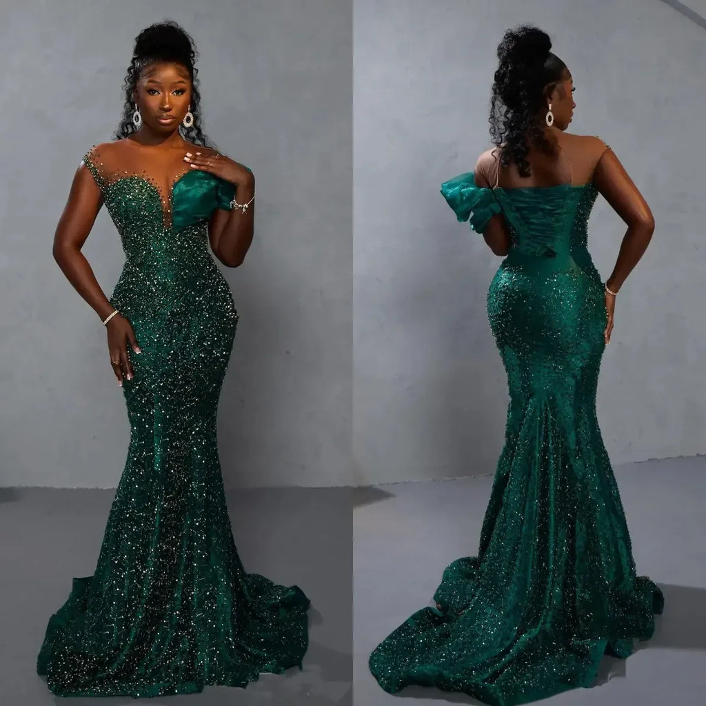 Betlement Sparkling Green Mermaid Ball Dress V Neck Backless Sexy Crystal Bead Dress