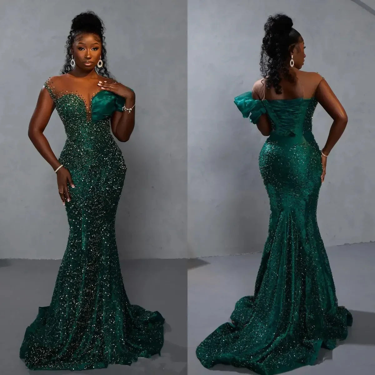 Betlement Sparkling Green Mermaid Ball Dress V Neck Backless Sexy Crystal Bead Dress