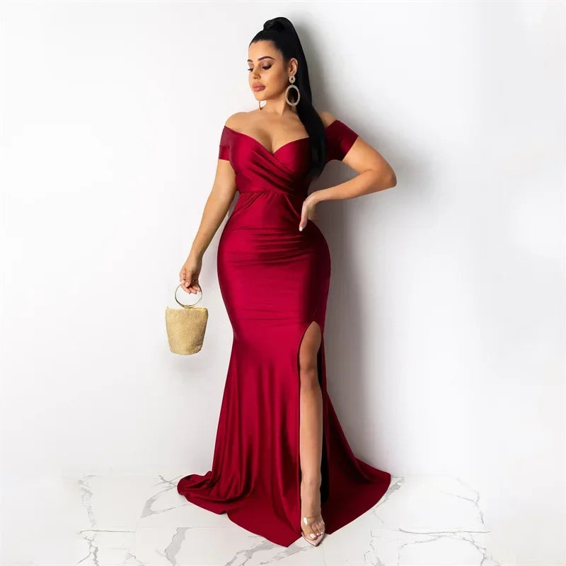 Barcelona Sexy Off The Shoulder V Neck Mermaid Evening Elegant Night Long Dress