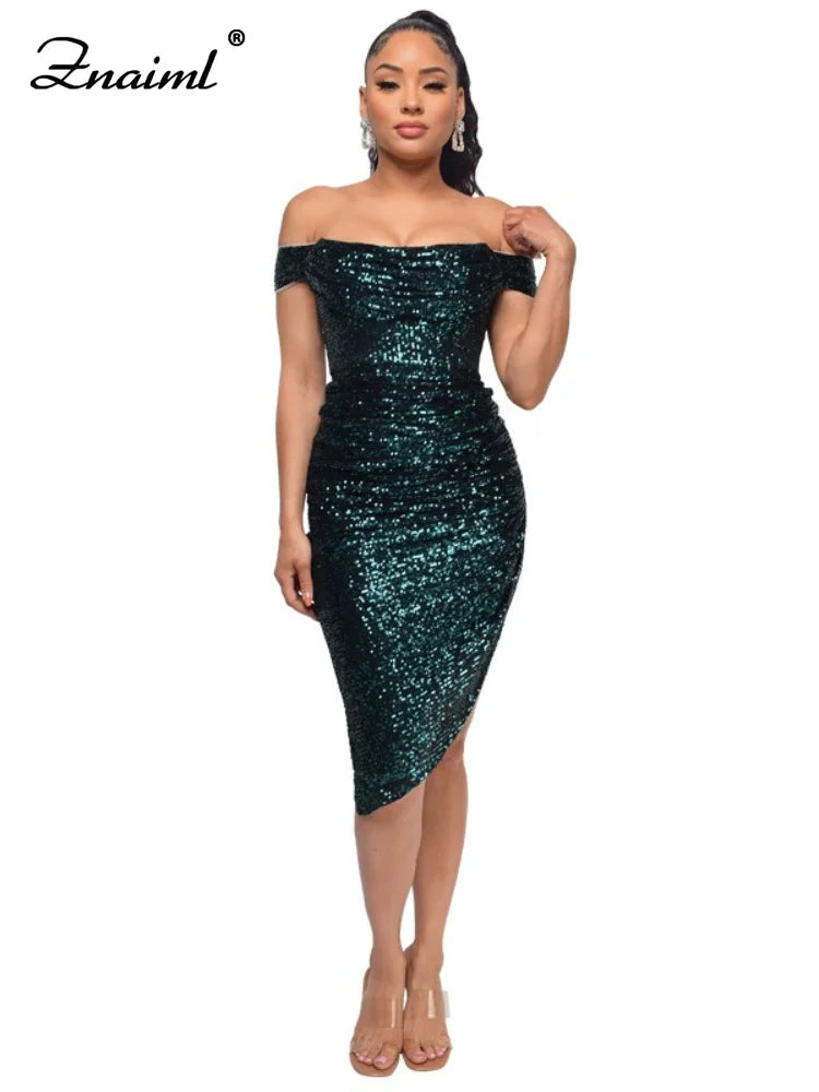 Virginia One Shoulder Bodycon Sparkly High Slit Midi Dresses