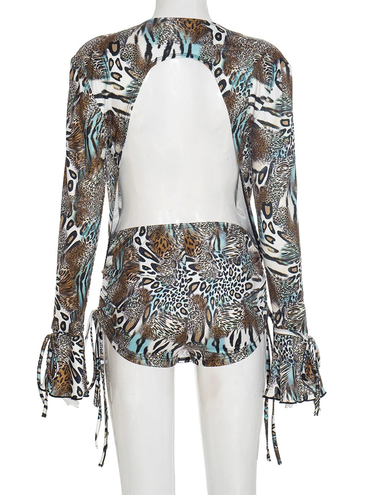 Chinatown Swing Collar Shirring Bell Sleeve Backless Sexy Stretch Leopard Print Suit