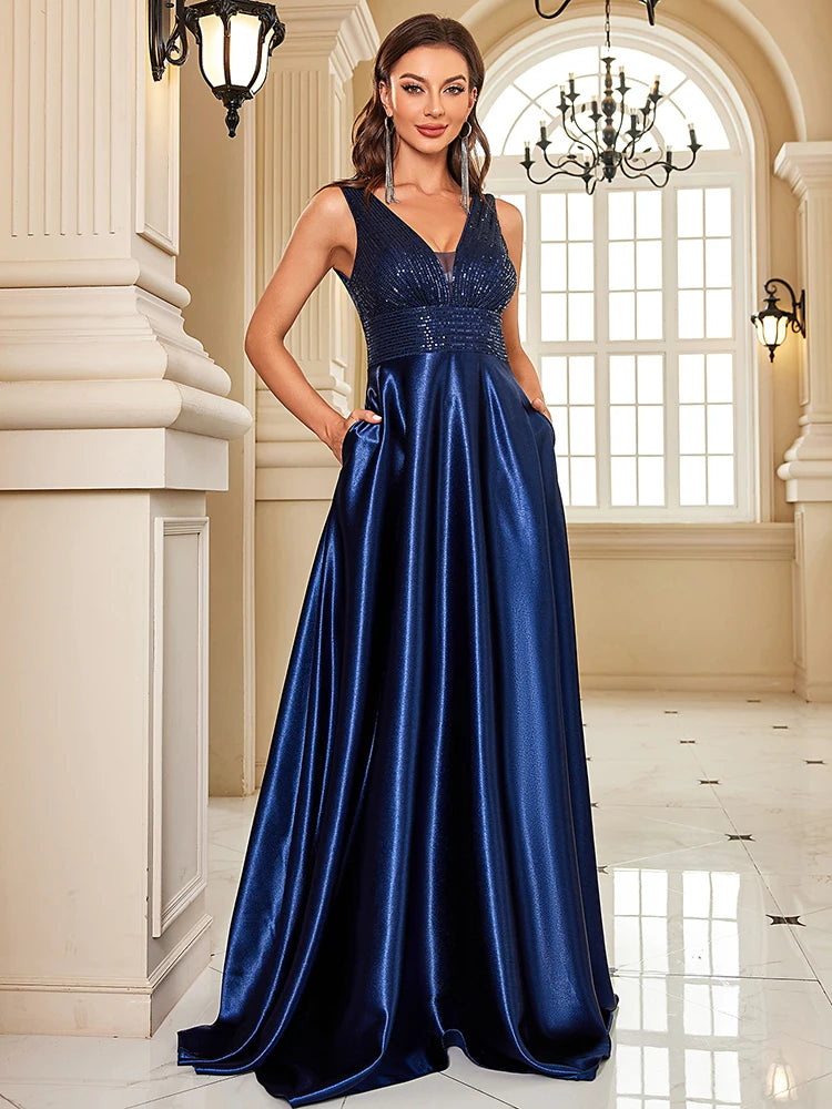 Oklahoma Elegant Sequins Evening Deep V-neck Satin Prom Party Dress