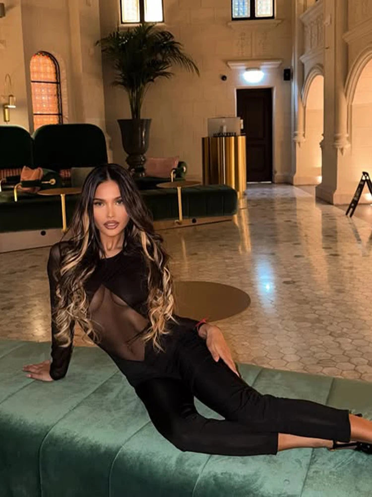 Ridgewood Streetwear Mesh Patchwork Jumpsuits Regular Long Sleeves