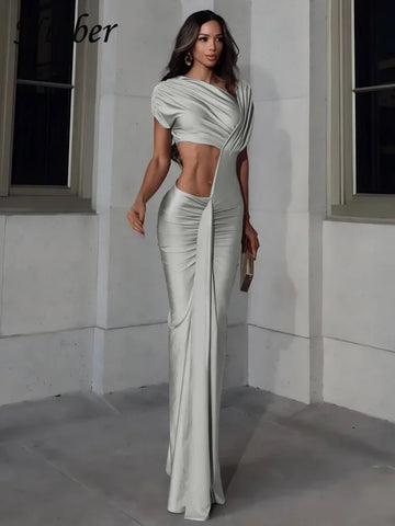 Adams Irregular Hollow Ruched Diagonal Collar Shorts Sleeve Waistless Slits Street Dress