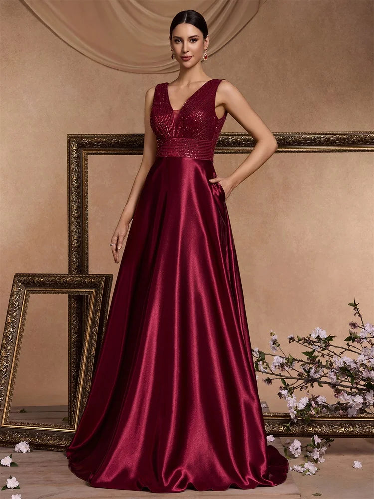 Oklahoma Elegant Sequins Evening Deep V-neck Satin Prom Party Dress
