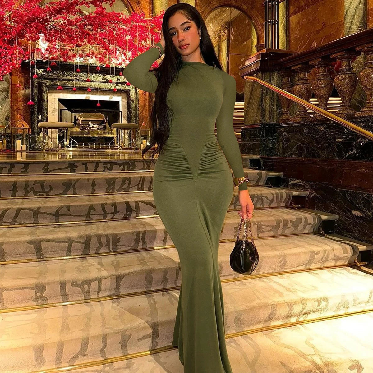 Shore Beach Solid Long Sleeve Draped Sexy Bodycon Maxi Party Dress