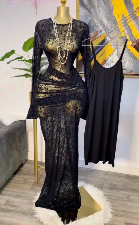 Peru Long Sleeve Stacked Mesh See Though with Lining Bodycon Long Dress