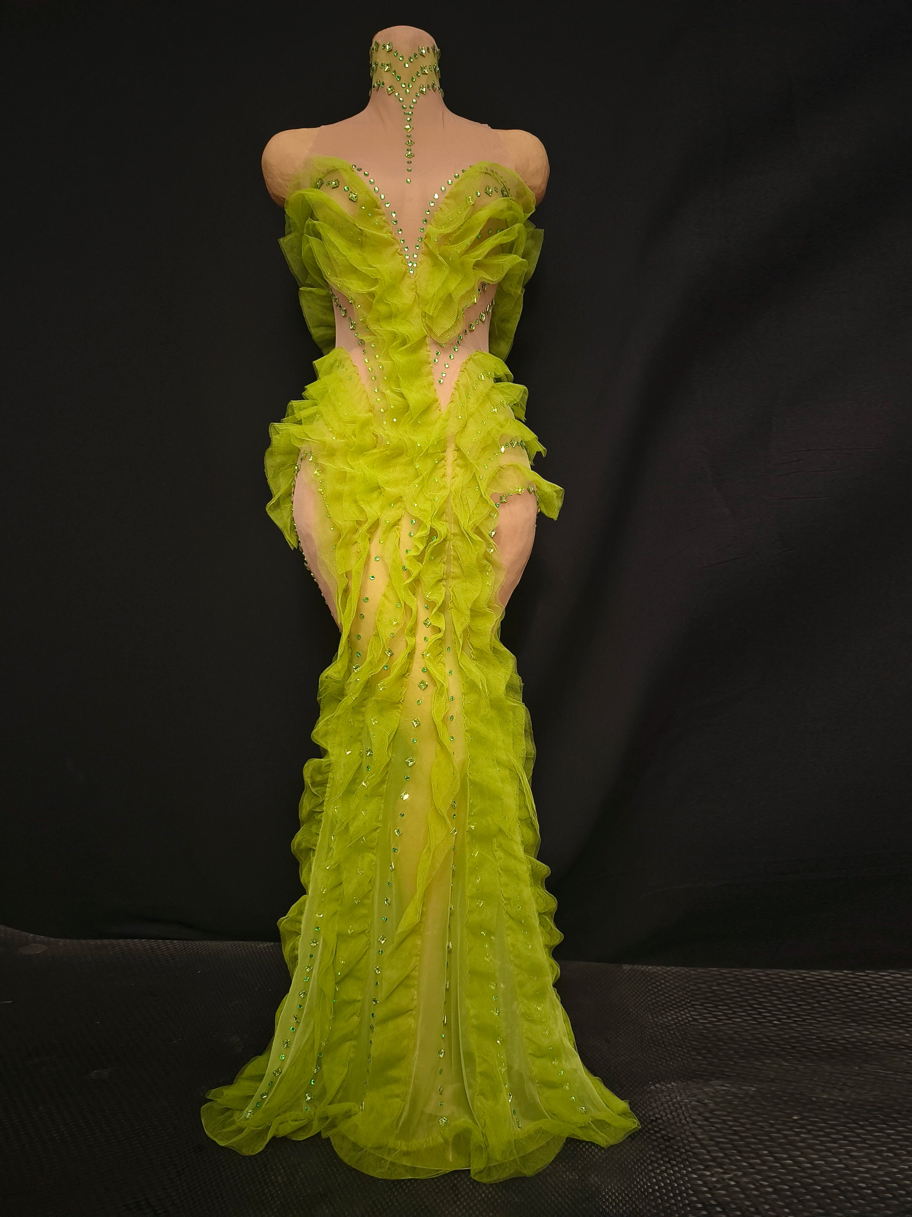 Middlesex Elegant Sparkly Green Rhinestones Mesh Sheer Ruffle Maxi Dress