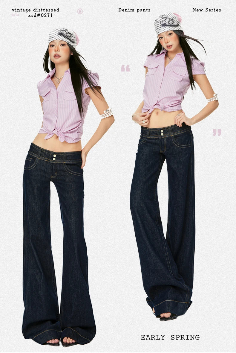 Women Vintage Blue Jeans Hip Hop Fashion Streetwear Y2K Wide Leg Straight