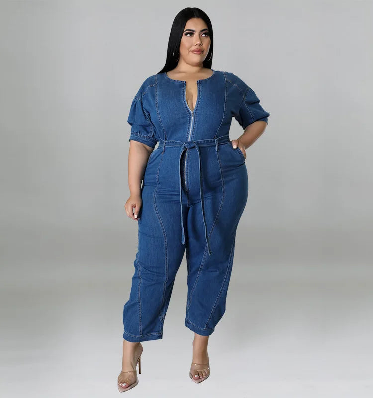 Plus Size Half Zipper Front Belted Jumpsuit Women New Streetwear Puff Sleeve Fashion Washed Jumpsuit