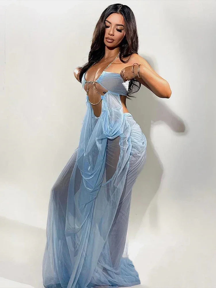 Pine Plains Sexy See Through Luxury Chain Halter Low Neck Backless Dress