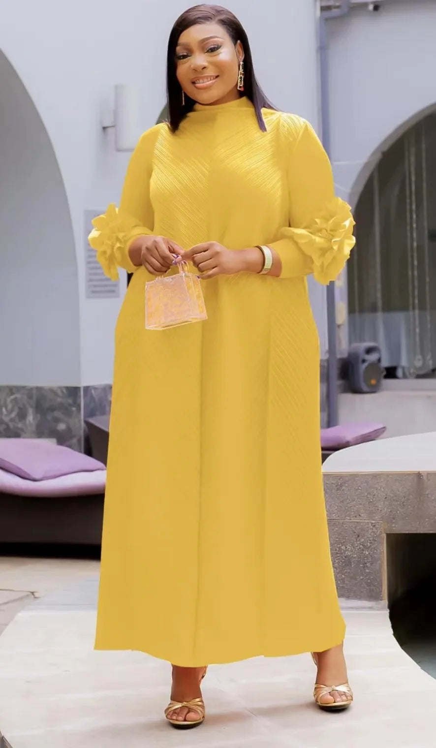 Miyake Solid Color Long Sleeved Three-dimensional Embroidered Temperament Long Loose Dress