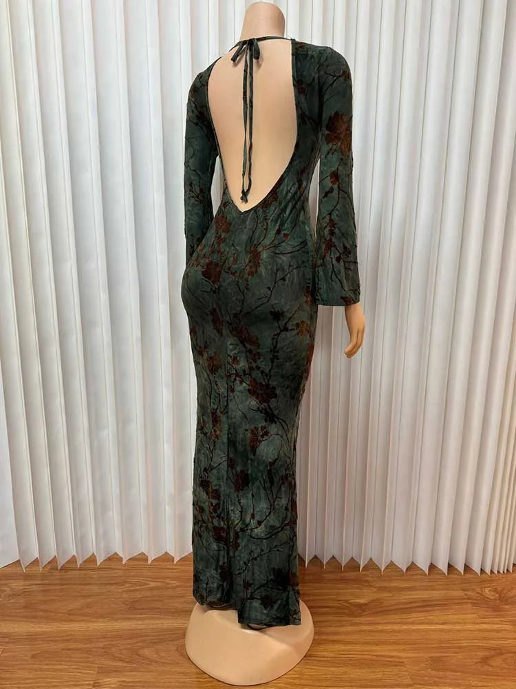 Elegant Backless Long Sleeve Sexy Slimming Dress with A Slit on The Leg