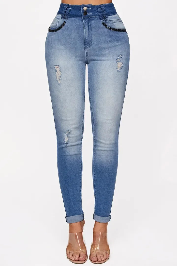 Albany Elastic Slimming, Hip-lifting High-waisted Gradient Casual Ripped Skinny Jeans