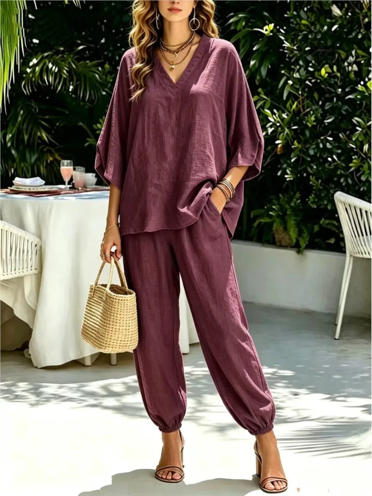 Bianca Loose Batwing Sleeve V Neck Two Piece Sets