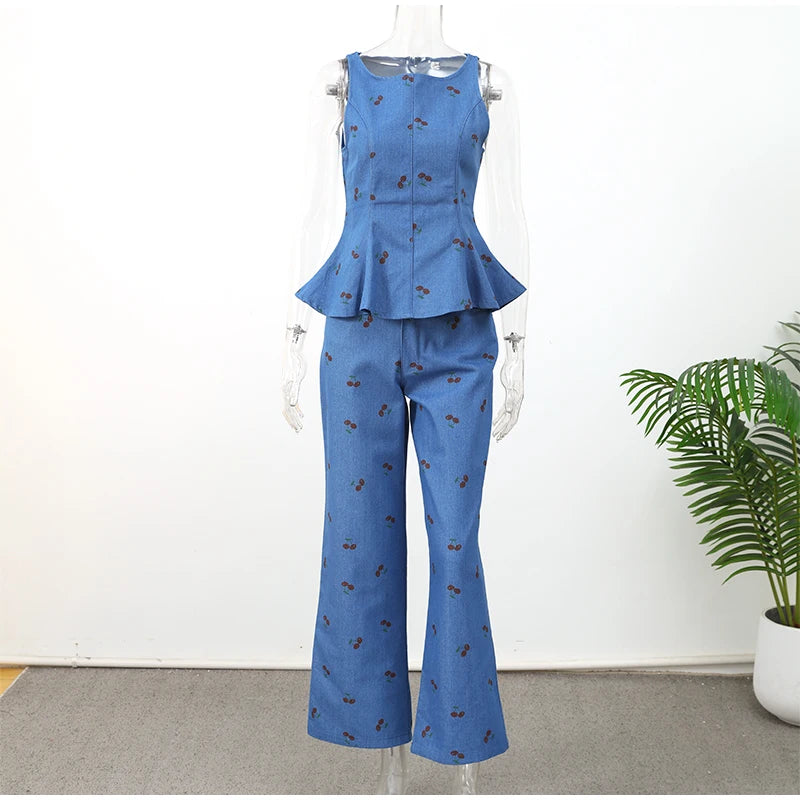 Viviana Denim Printed Sleeveless Two Piece Sets